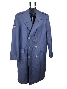 Vintage USAF Blue Wool Greatcoat Overcoat Cold War Military Trench Coat Mens 37R